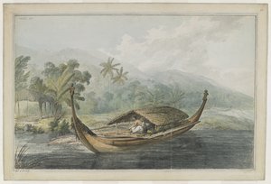 [Hele tegningen] En kano av Ulietea [Raiatea]. En mann, med innfødte kurver, sitter på plankene til en utrigger 'pahi', som har stråtak. Hodet og hekken er overbygd av en utskåret sittende ti'i-figur. I bakgrunnen er kanoer strandet på sh av John Webber