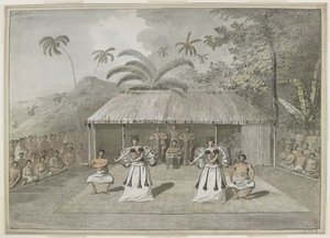 [Hele tegningen] En dans eller heiva på Otaheite [Tahiti]. To menn og to kvinner danser, med trommeslagere bak, og tilskuere på hver side. september 1777 av John Webber