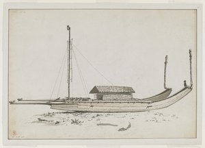 [Hele tegningen] En dobbel kano av Otaheite [Tahiti], med forseggjort utskjæring av John Webber