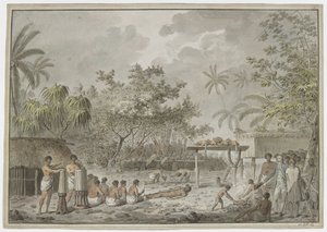 [Hele tegningen] Menneskeofring ved den store morai ved Attahouroo [Utuaimahurau], Tahiti, bevitnet av kaptein Cook 1. september 1777. En bundet figur i forgrunnen, med menn som graver et hull for kroppen bak, og det som inneholder to hunder og thr av John Webber