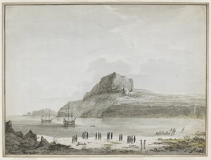[Hele tegningen] Utsikt over Christmas Harbour, Kerguelen Island, med oppdagelsen og oppløsningen for anker. To skipsbåter er ute, en lander sjøfolk på land. I forgrunnen, tjue pingviner i grupper, og en sjøløve. 25-30 desember 1776 av John Webber