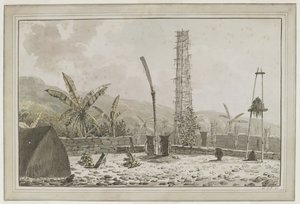 [Hele tegningen] Utsikt over en 'morai' eller gravplass ved Atooi [Kauai, Hawaii-øyene], som inkluderer et langt hus og et høyt åpent tårn innenfor en inngjerdet innhegning. Beskrevet i kaptein Cooks dagbok 21. januar 1778 av John Webber