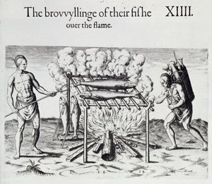 Cooking Fish, tallerken fra "A Brief and True Report of the New Found Land of Virginia" av Thomas Harriot (1560-1621) pub. 1590 av John White