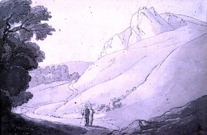 Et kupert landskap med to figurer (penn, blekk og akvarell)