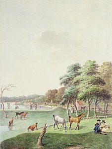 The East End of the Serpentine, og en fjern utsikt over badehuset, 1794 av John White Abbott