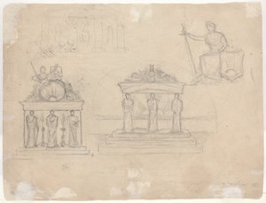 Studier av klassiske tempelfasader og sittende kvinnelige figurer [verso] av John William Casilear