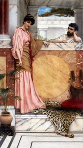 «Venter på svar» Et par i oldtiden, i en adelig villa (romersk), ser ut til at mannen venter på kvinnens svar. Maleri av John William Godward (1861–1922) 1889 Privat samling av John William Godward