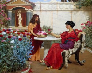 «Valget.» En borgerlig kvinne i antikkens Roma, sittende på en stol dekket med dyreskinn, velger en blomst blant de som tilbys henne av en tjener. Maleri av John William Godward (1861–1922) 1907 Privat samling. av John William Godward