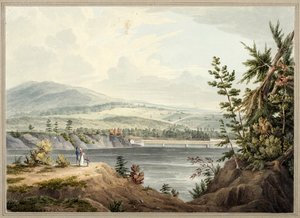 Hudson River Bridge nær Waterford, New York, 1832 (akvarell, gouache, selektiv glass, grafitt og utskraping på papir lagt på kort)