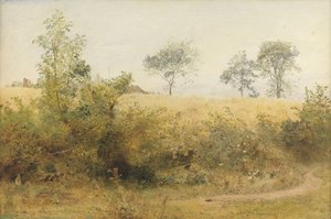 The Bat Begins with Giddy Wing - Barley Field Over the Hedge, 1885 (wc og blyant med utskraping på papir)