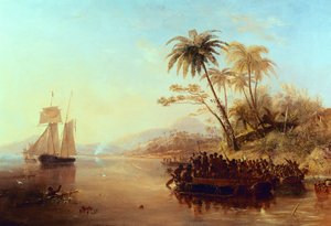 Et britisk oppmålingsskip i det sørlige Stillehavet ble møtt av øyboere i Outrigger Canoes, ca. 1840 av John Wilson Carmichael