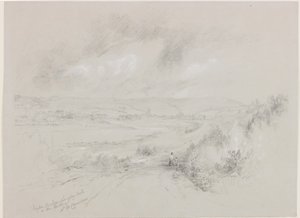 Haydon Bridge, Langley Castle in the Distance (bc og blyant på papir) av John Wilson Carmichael