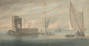 Italiensk kystscene med Island Shipping av John Wilson Carmichael