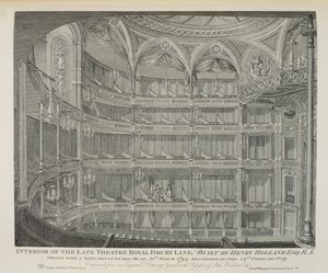 Interiør av Late Theatre Royal, Drury Lane, i London, bygget av Henry Holland, 1794, ødelagt av brann i 1809, gravert av Dale, 1820 av John Winston