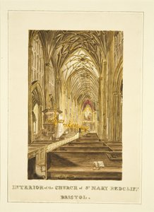 Utsikt over Center Aisle of St Mary Redcliffe, ser østover, viser Hogarth altertavle, ca. 1824 (blyant og akvarell på papir) av John Withers