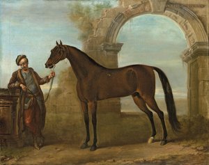 Godolphin Arabien, holdt av en brudgom, i et landskap med en ødelagt bue, 1731 av John Wootton