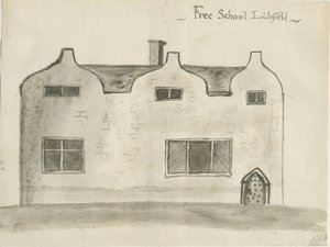 Lichfield - Grammar School: sepia wash drawing, nd [1784] (tegning)