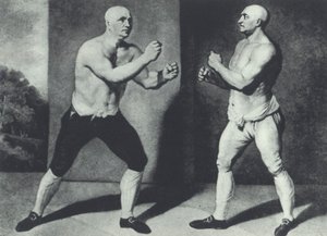 Tidlige britiske barefist-boksere, John Broughton (til venstre) og George Stevenson kjemper i 1741: Broughton oppfant boksehanske (mezzotint)