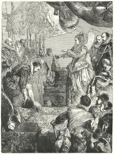Sir Francis Drake mottok sitt ridderskap fra dronning Elizabeth I, 1581 av John after Gilbert