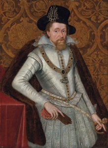 Portrett av kong James I av England og VI av Skottland (1566–1625), trekvartlang, iført en hvit doublett med blondekrage, juvelbesatte strømper og en pelskappe, iført den store Georg, en svart hatt med juvel, og holder et par hansker i høyre hånd. av John de (attr.to) Critz