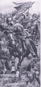 Løytnant John Smith tar tilbake kongens standard ved Edgehill, 23. oktober 1642, illustrasjon fra British Battles on Land and Sea, 1915