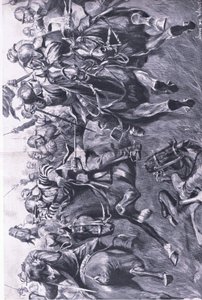 Marston Moor, 2. juli 1644: Det skotske kavaleriet under Leslie, angriper prins Ruperts flanke, illustrasjon fra British Battles on Land and Sea, 1915