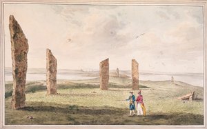 Utsikt over en halvsirkel av steiner på bredden av Stenhouse-sjøen på øya Pomona av John the Younger Cleveley