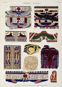 Illustrasjoner av malte design fra mumienes innpakning, Hypogees, Theben, plate 58 fra Vol II av `Descriptions of Egypt`, gravert av Willemin, 1822 (akvatint) av Jomard