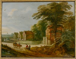 Reisende som passerer gjennom en landsby (olje på panel) av Joos de (studio of) Momper
