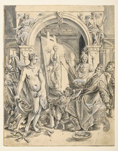 Apelles maleri Campaspe (penn og brunt blekk, grå vask, hvit kroppsfarge på lagt papir) av Joos or Jodocus van (after) Winghe