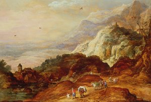 Et fjelllandskap med figurer og muldyr av Joos or Josse de Momper