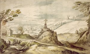 Fjelllandskap med kors (penn, vask og wc på papir) av Joos or Josse de Momper
