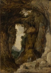 Landskap med grotte og en rytter, ca. 1616 (olje på panel)