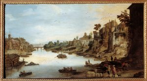 Utsikt over Tiberen (Tevere) i Roma Et hus på påler til venstre. Maleri av Josse Momper II (1564-1635)