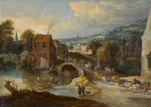 Landsbylandskap med en bro, rundt 1620-tallet (olje på lerret)