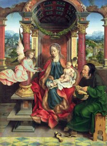 Den hellige familie, midtpanel i en triptyk, ca. 1530 (panel) av Joos van Cleve