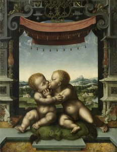 Spedbarnene Kristus og døperen Johannes omfavner, 1520-25 av Joos van Cleve