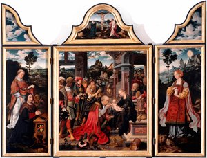 Tryptic of Adoration of the Magi. Maleri på tre av Joos Van Cleve den unge (1485-1540) 1515 Dim. 260x200 cm Genes, San Donato-kirken av Joos van Cleve