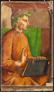 Effigy av Dante Alighieri (1265-1321), poet, italiensk forfatter, forfatter av Divine Comedie, hodeplagg av en liripion - Maleri av Juste av Ghent (Joos van Wassenhove) (ca. 1435-rundt 1475) og Pedro Berruguete (ca. 1450- før 1504), del av et sett med 2 av Joos van Gent (fl.1460 75)