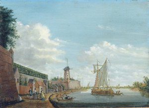 Et elvelandskap med elegante byfolk som går langs en bymur, ca. 1776