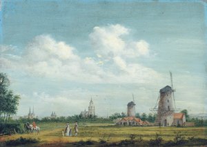 Utsikt over Arnhem med St. Walburgiskerk til venstre og Grote Kerk til høyre, elegante byfolk som går i nærheten, 1776