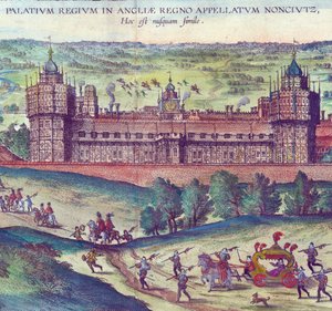 Ankomst av dronning Elizabeth I til Nonsuch Palace, 1598 håndfarget kobbergraveringsdetalj av 324184 av Joris Hoefnagel
