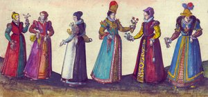 Engelske kvinner fra Elizabethan-tiden, 1598 (håndfarget kobbergravering) av Joris Hoefnagel