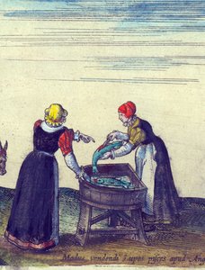 Fiskekoner som selger og sløyer gjedde, 1598 håndfarget kobbergraveringsdetalj av 324184 av Joris Hoefnagel