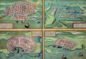 Kart over Calais, Malta, Rhodos og Famagusta, fra "Cities of the World" av Georg Braun (1541-1622) og Frans Hogenberg (1535-90), ca. 1572