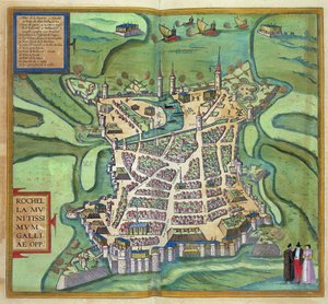 Kart over La Rochelle, fra 'Civitates Orbis Terrarum' av Georg Braun (1541-1622) og Frans Hogenberg, ca. 1572 (fargegravering)