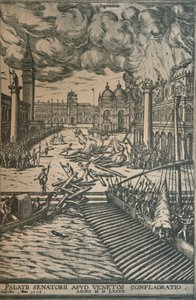 The Burning of the Doges Palace, 1578, 1925. av Joris Hoefnagel