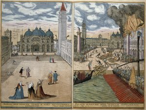 Utsikt over San Marco, og Palazzo Ducale i brann, fra 'Civitates Orbis Terrarum' av Georg Braun (1541-1622) og Frans Hogenberg (1535-90) 1578 av Joris Hoefnagel