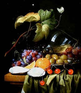 Et stilleben av frukt, vinstokker og en østers