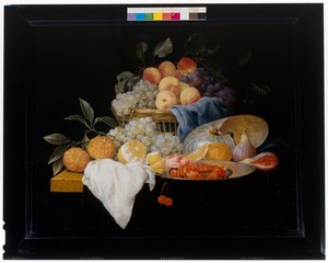 Stilleben med frukt og reker